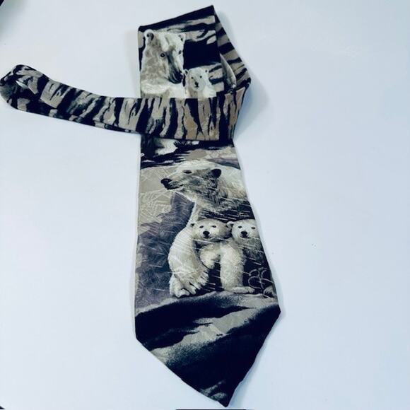 Endangered Species Men's Neck Tie Artic Polar Bears, Blk/White/Blu 100% Silk USA - Picture 10 of 14